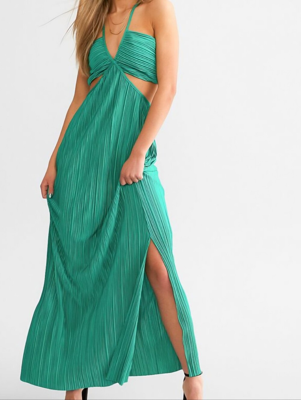 Emerald Pleated Halter Maxi Dress with Cutout